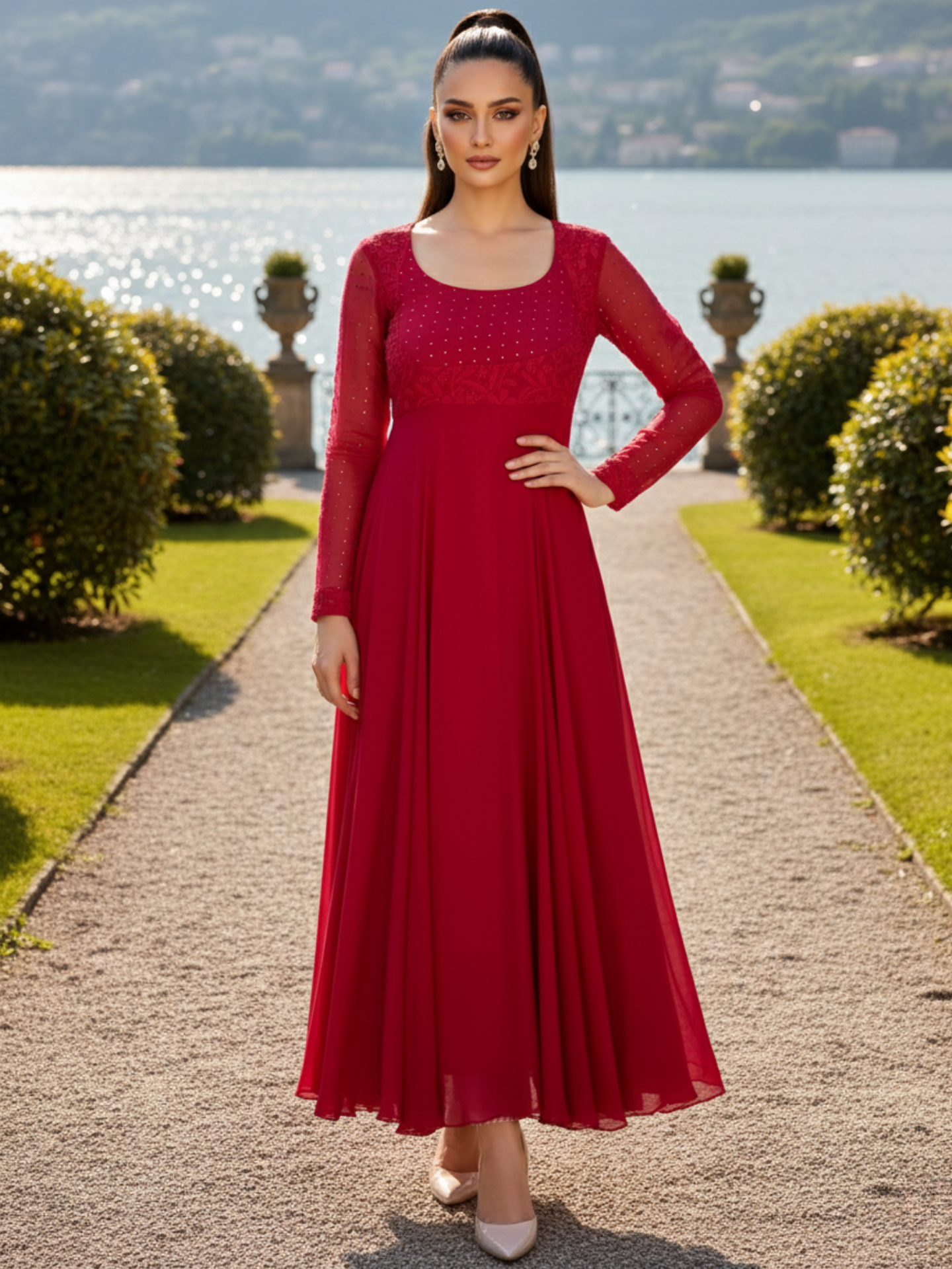 Noir Red Chikankari Anarkali Set (Set of 3)