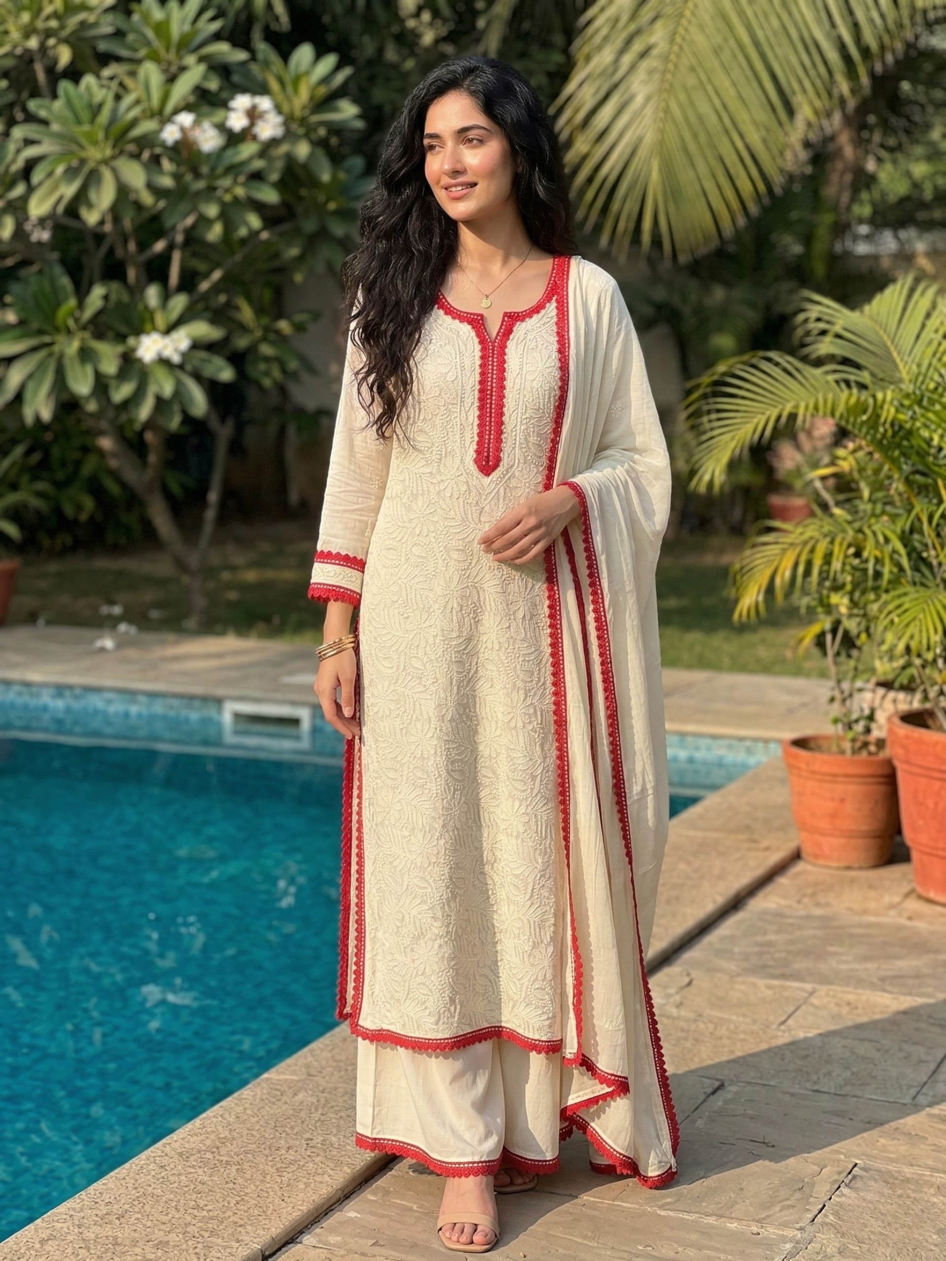 Rose & Butter Yellow Chikankari Kurta Set (Set of 3)