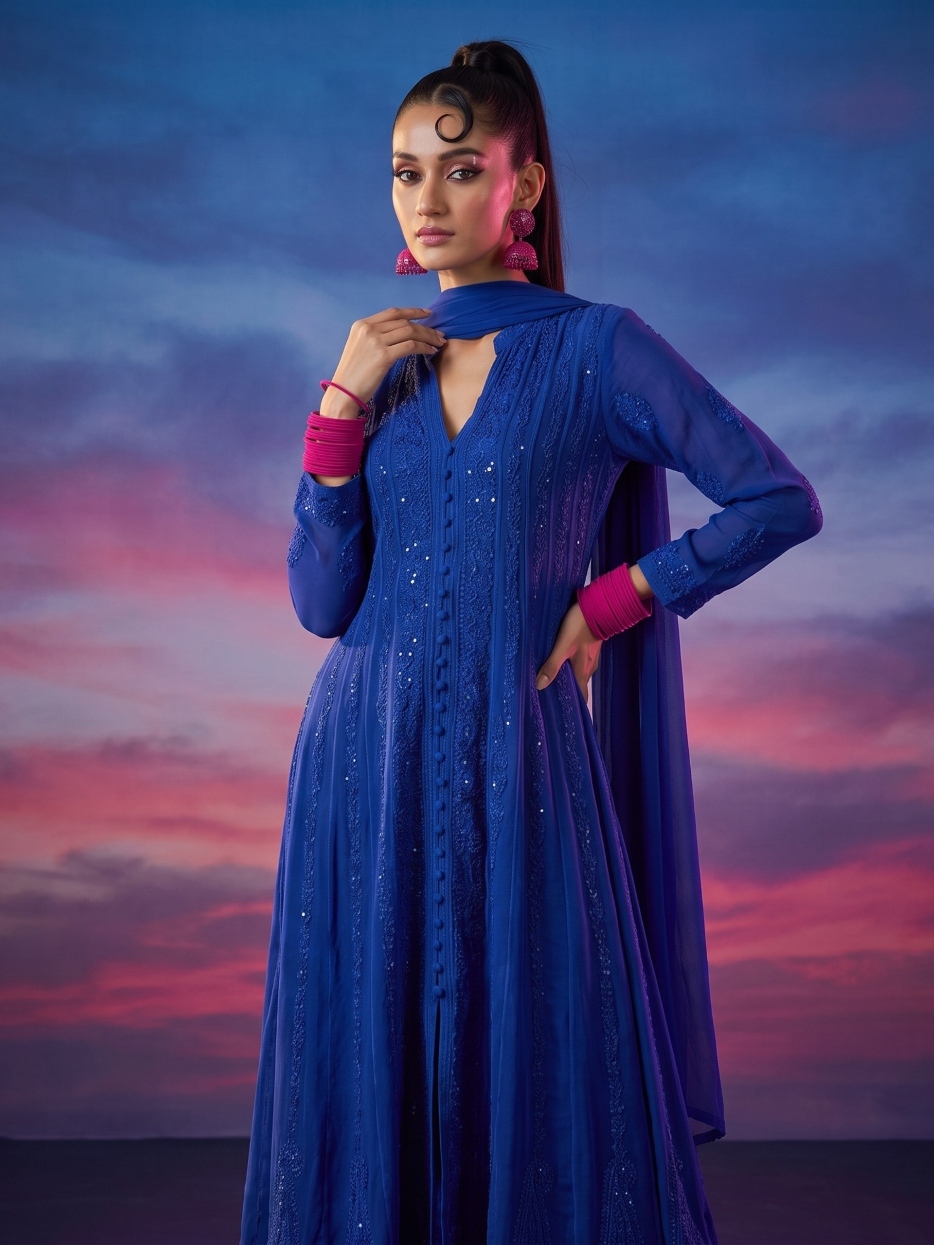 Sapphire Positano Chikankari & Mukaish Anarkali Set (Set of 3)