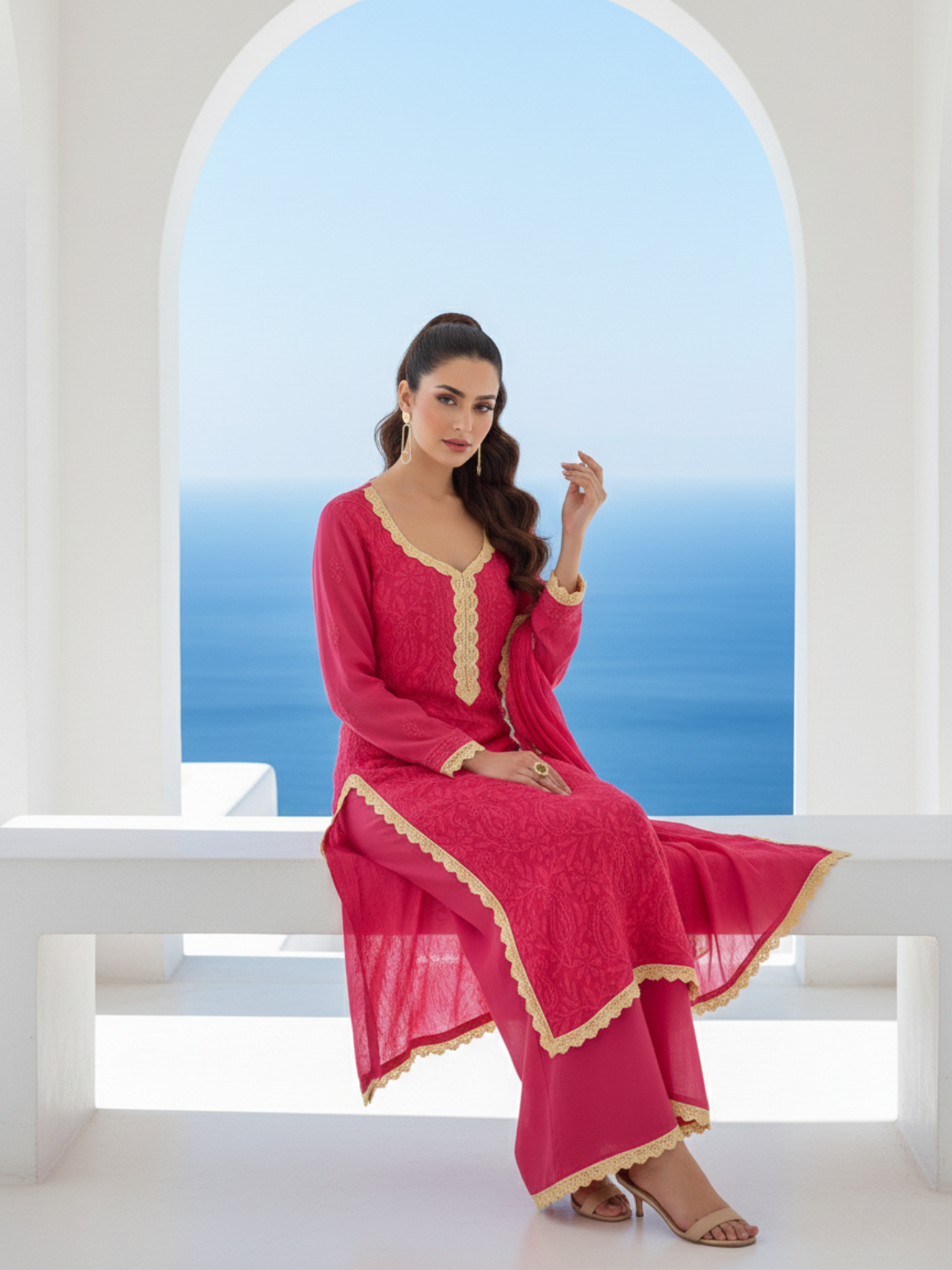 Raspberry Blanc Chikankari Kurta Set (Set of 3)