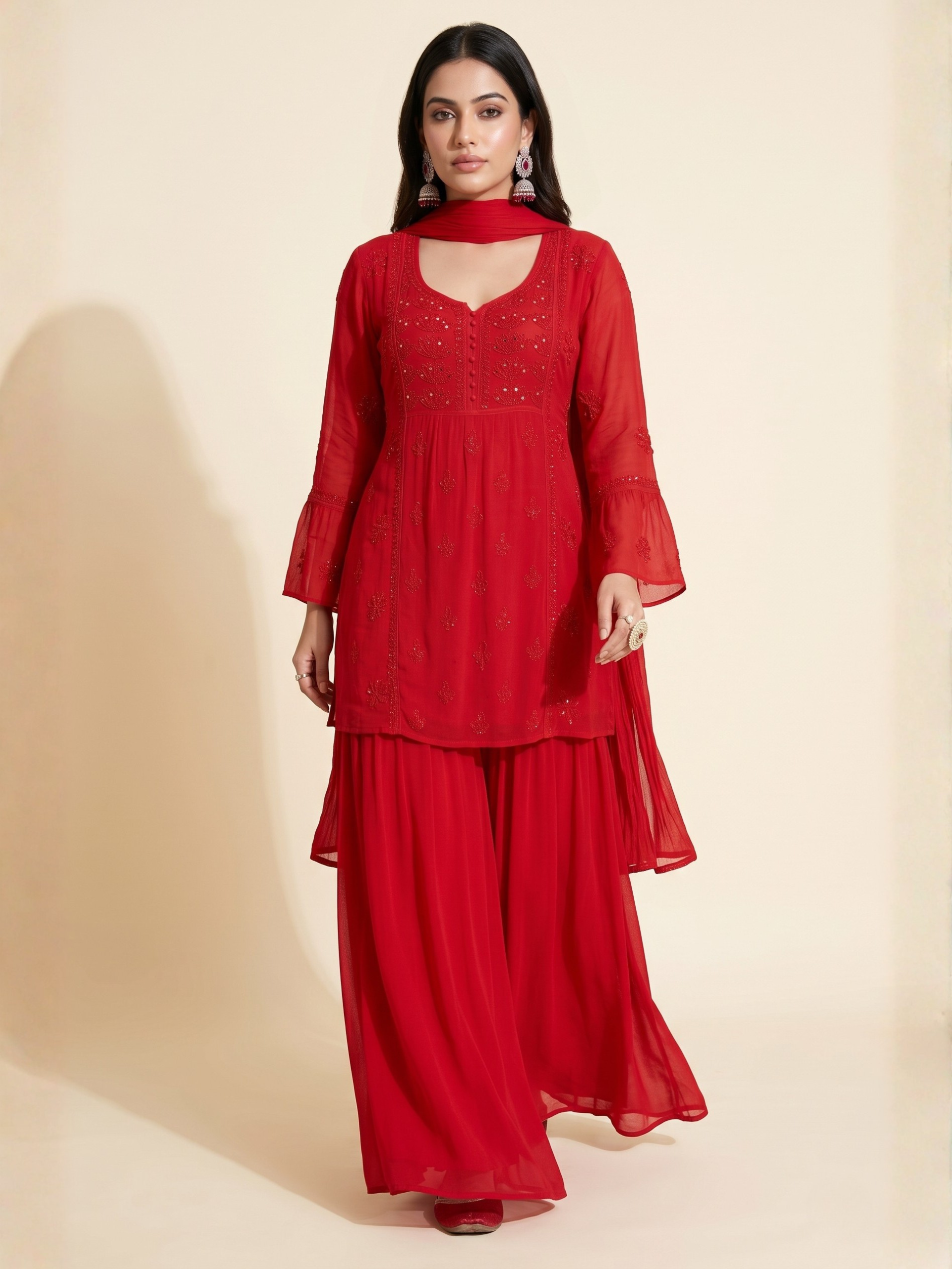 Carmine Chikankari Kurta - Gharara Set (Set of 3)