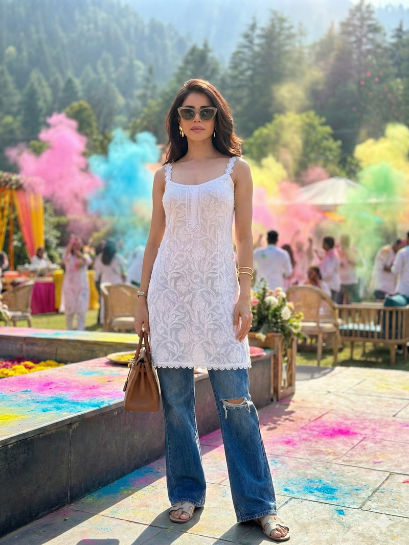 White Floral Chikankari & Lace Short Kurta