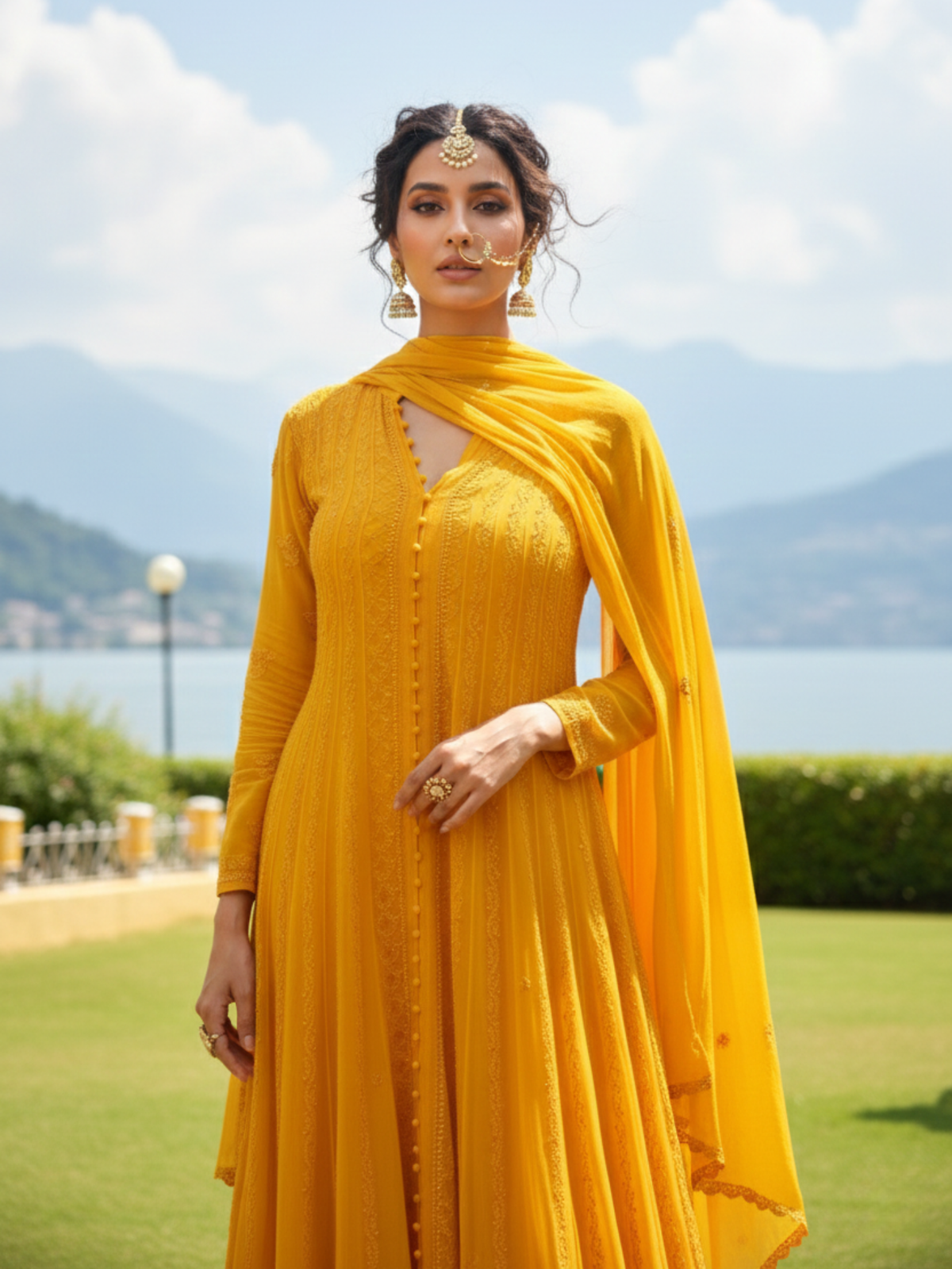 Tuscan Yellow Chikankari & Mukaish Anarkali Set (Set of 3)
