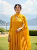 Tuscan Yellow Chikankari & Mukaish Anarkali Set (Set of 3)