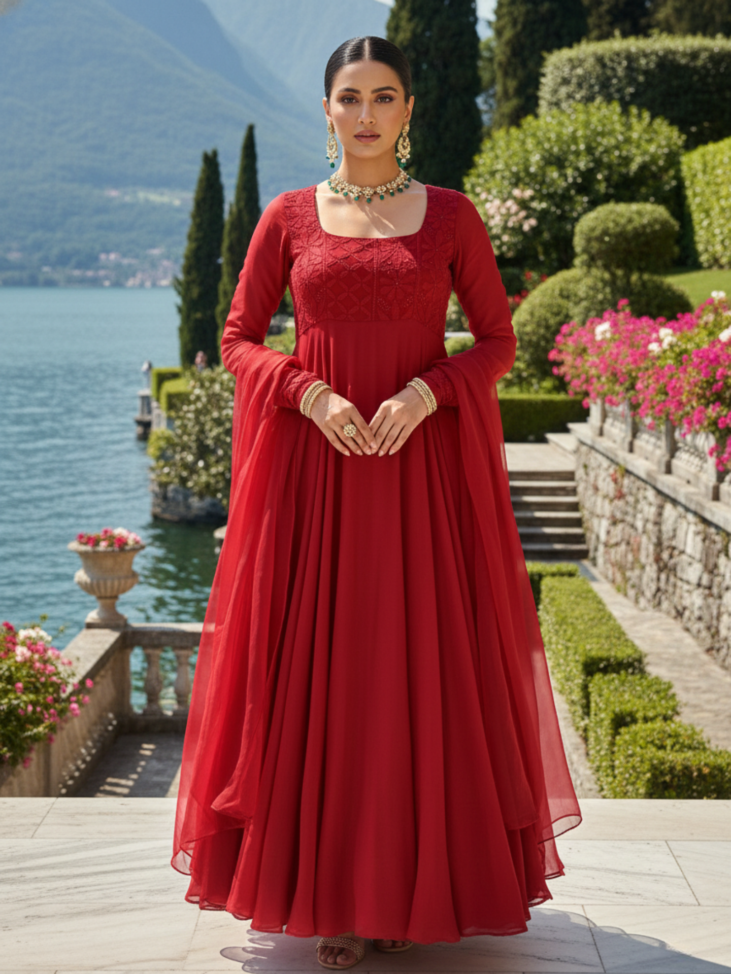 Bordeaux Red Chikankari Anarkali (Set of 3)