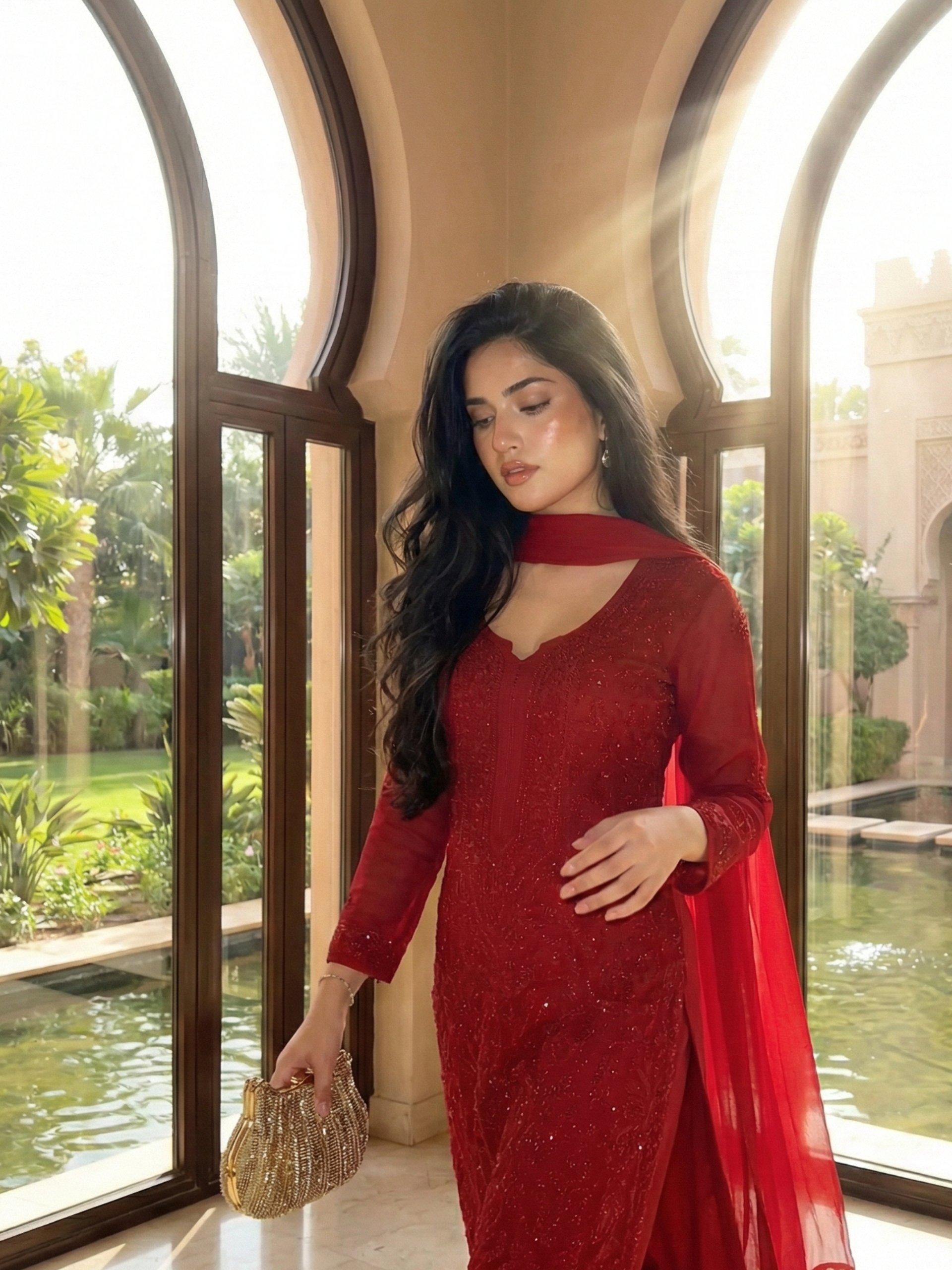 Forbidden Red Full Sleeves Chikankari Kurta Set (Set of 3)