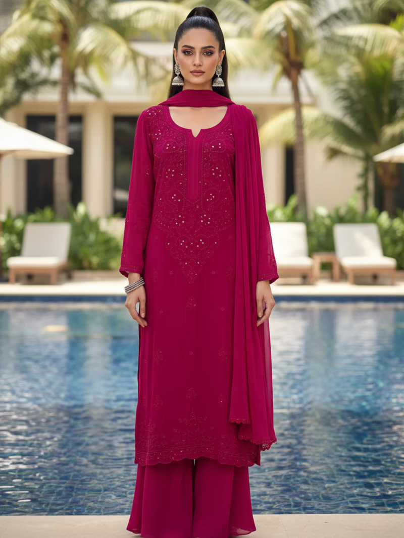 Vibrant Pink Chikankari Kurta Set (Set of 3)