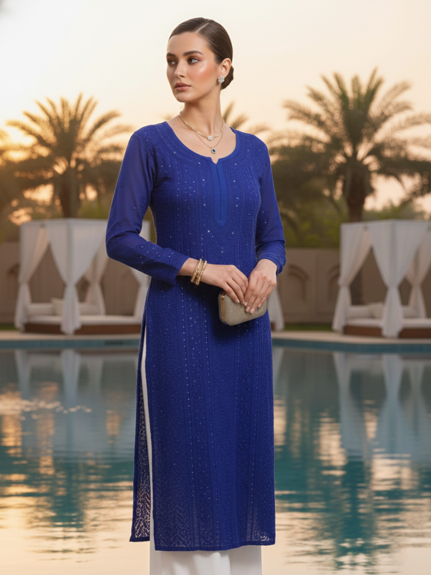 Bazaar Blue Chikankari Full Sleeves Long Kurta