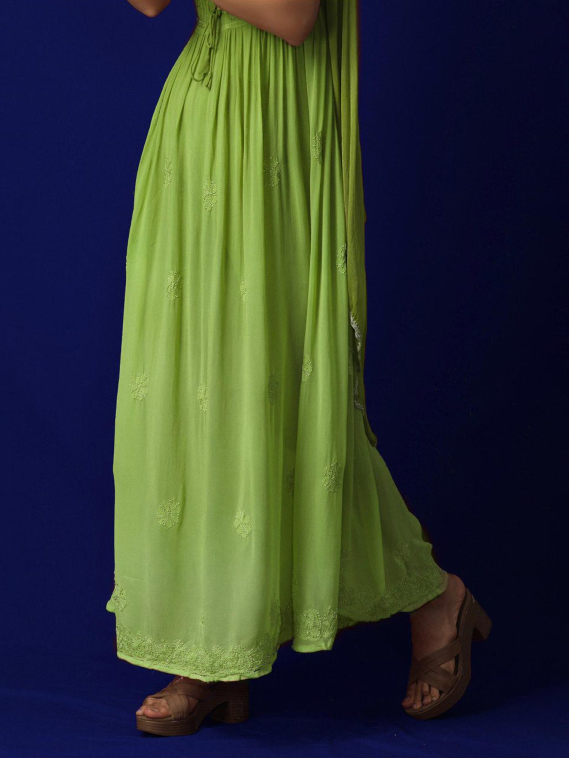 Spring Green Flared Anarkali Chikankari Kurta