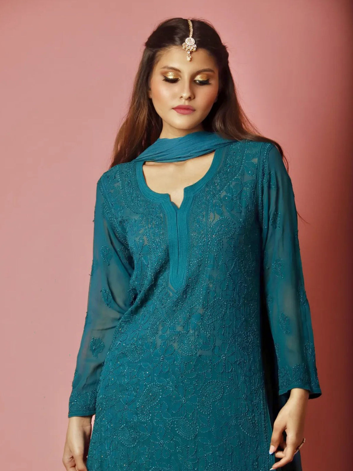 Dreamy Teal Chikankari and Mukaish Full Sleeves Kurta Set