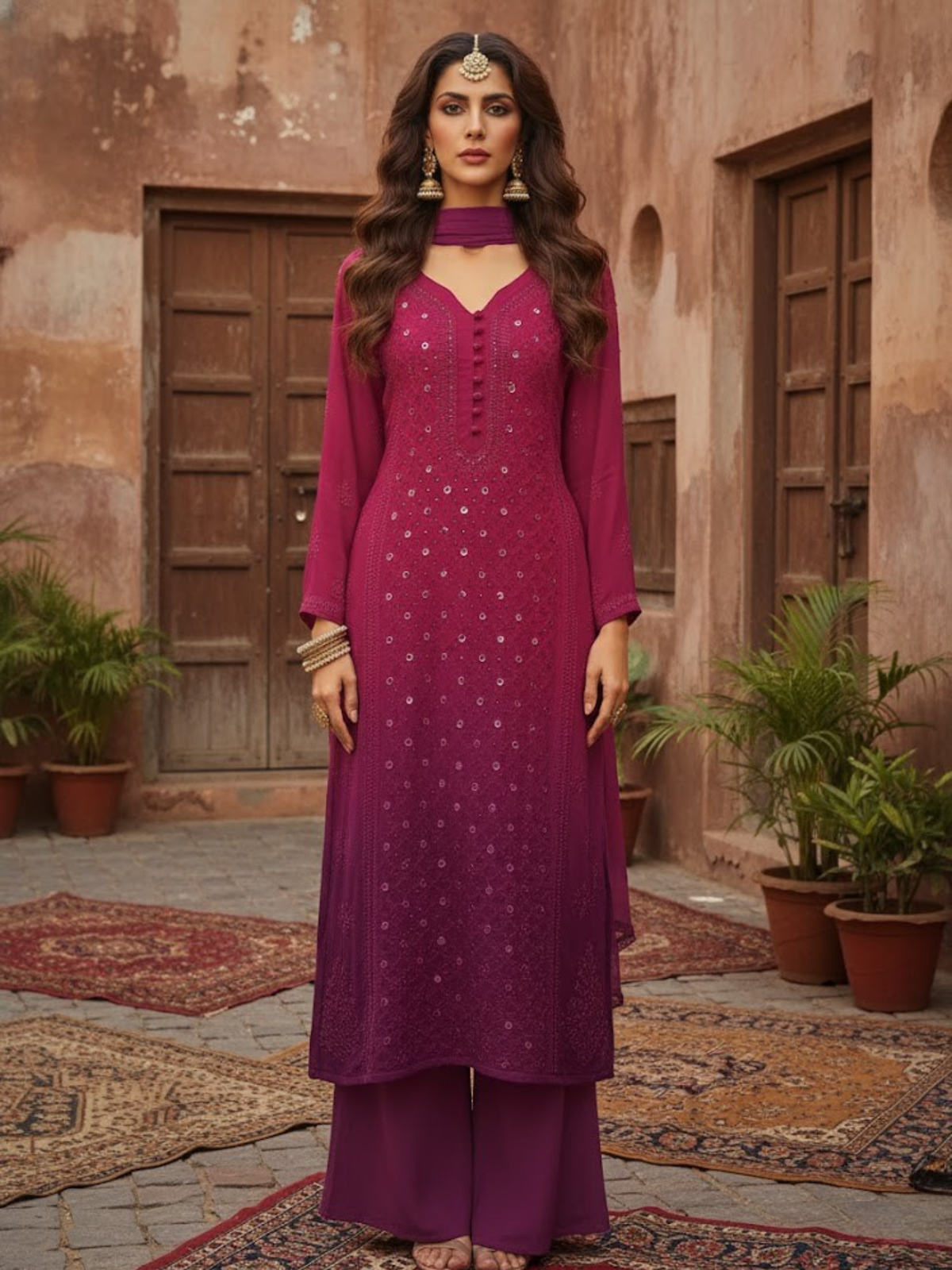 Berry Sorbet Ring Work Chikankari Kurta Set (Set of 3)