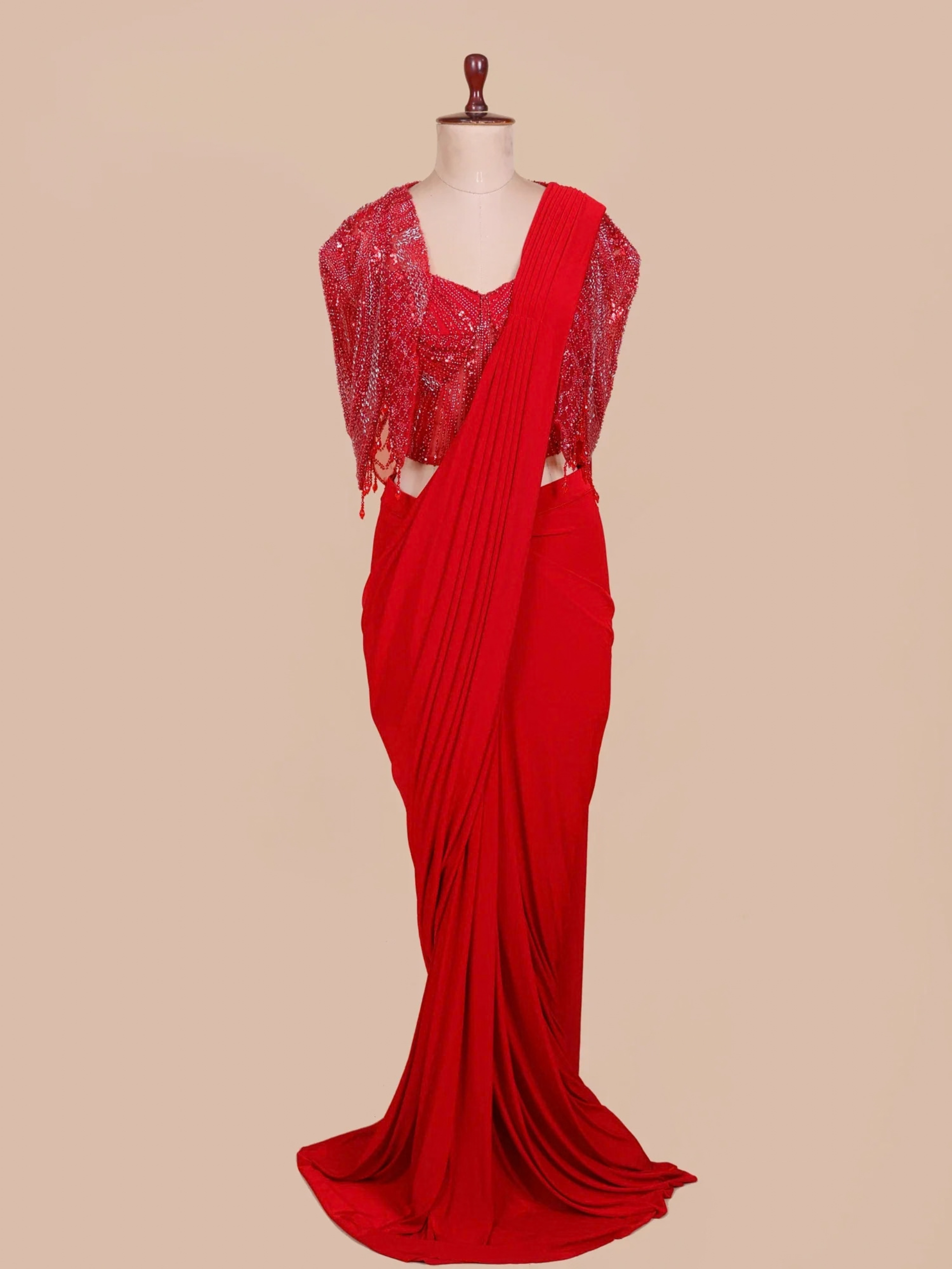 Scarlet Red Corset Drape Saree with Beaded Shrug