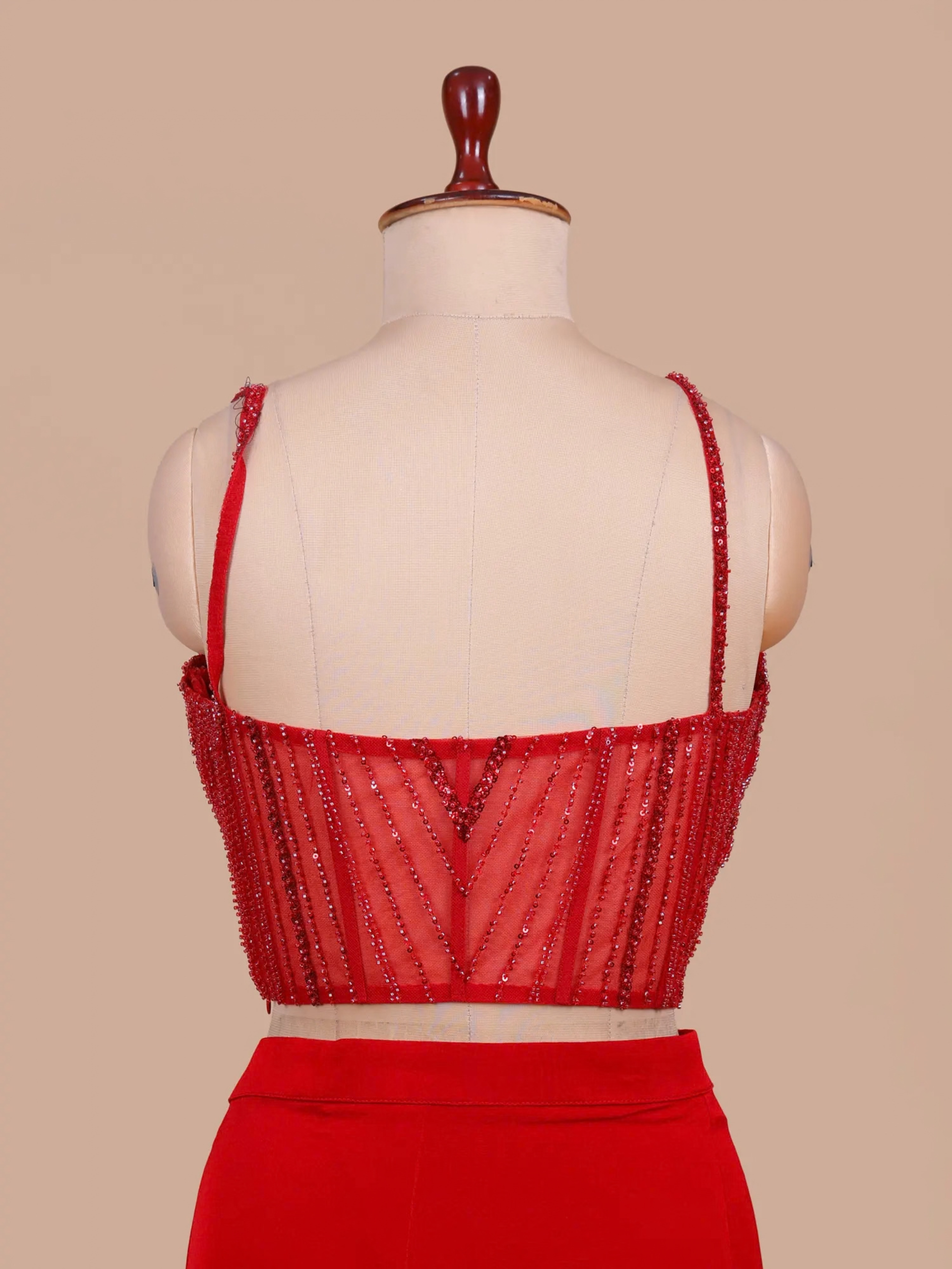 Scarlet Red Corset Drape Saree with Beaded Shrug