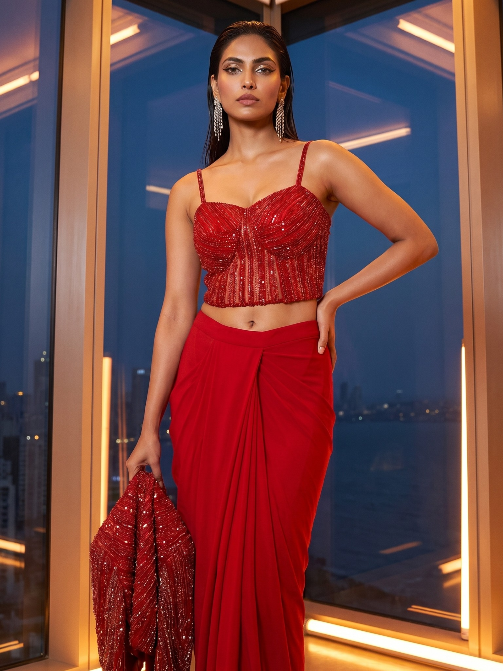 Scarlet Red Corset Drape Saree with Beaded Shrug