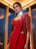Scarlet Red Corset Drape Saree with Beaded Shrug