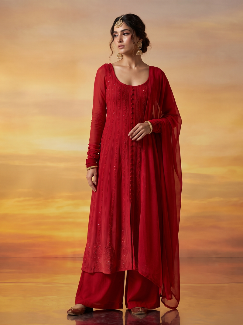 Crimson York Chikankari & Mukaish Anarkali Set (Set of 3)