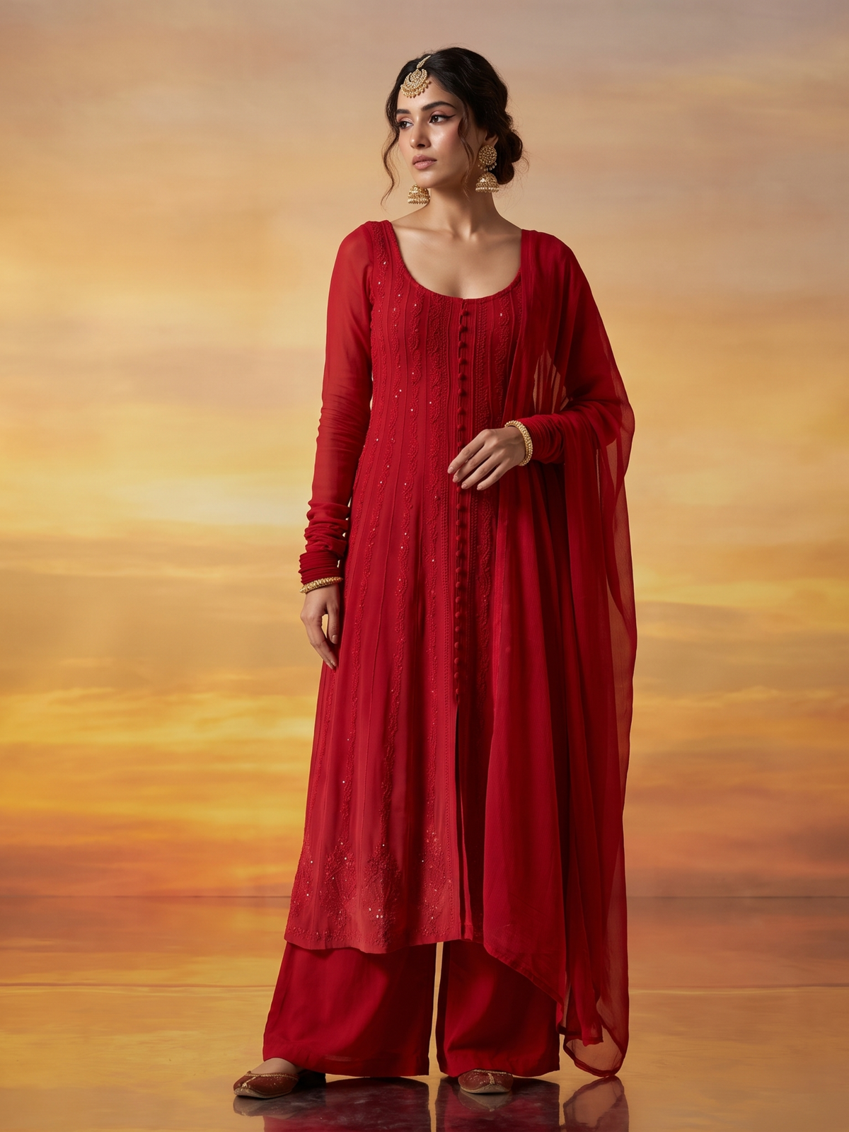 Crimson York Chikankari & Mukaish Anarkali Set (Set of 3)