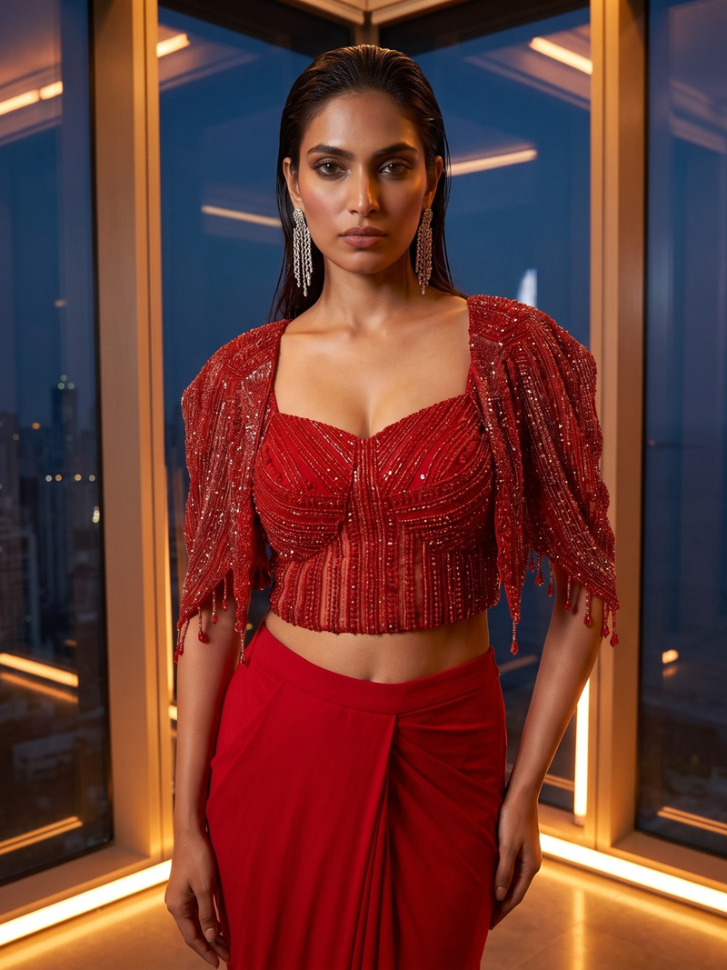 Scarlet Red Corset Drape Saree with Beaded Shrug