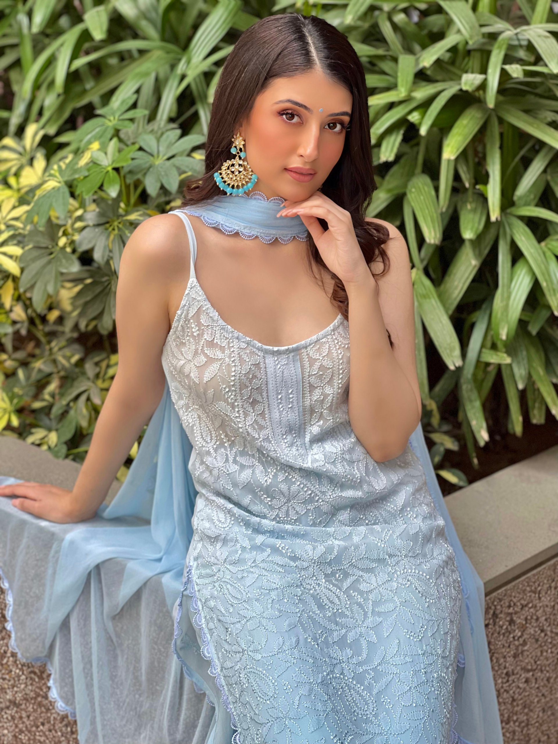 Dreamy Frost Chikankari Ombré Lace Strappy Kurta Set (set of 3)
