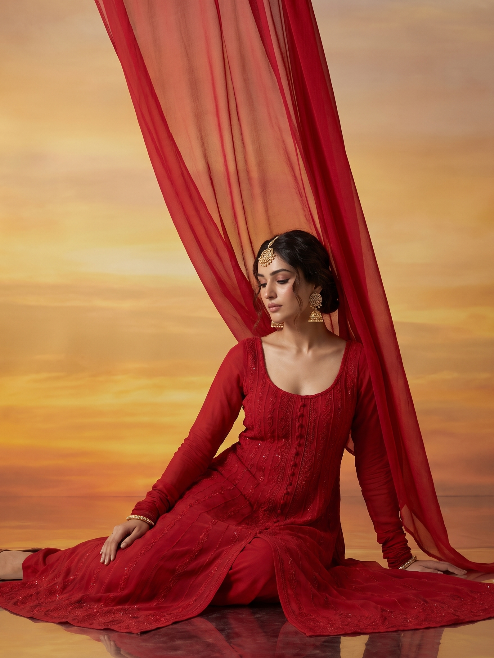Crimson York Chikankari & Mukaish Anarkali Set (Set of 3)