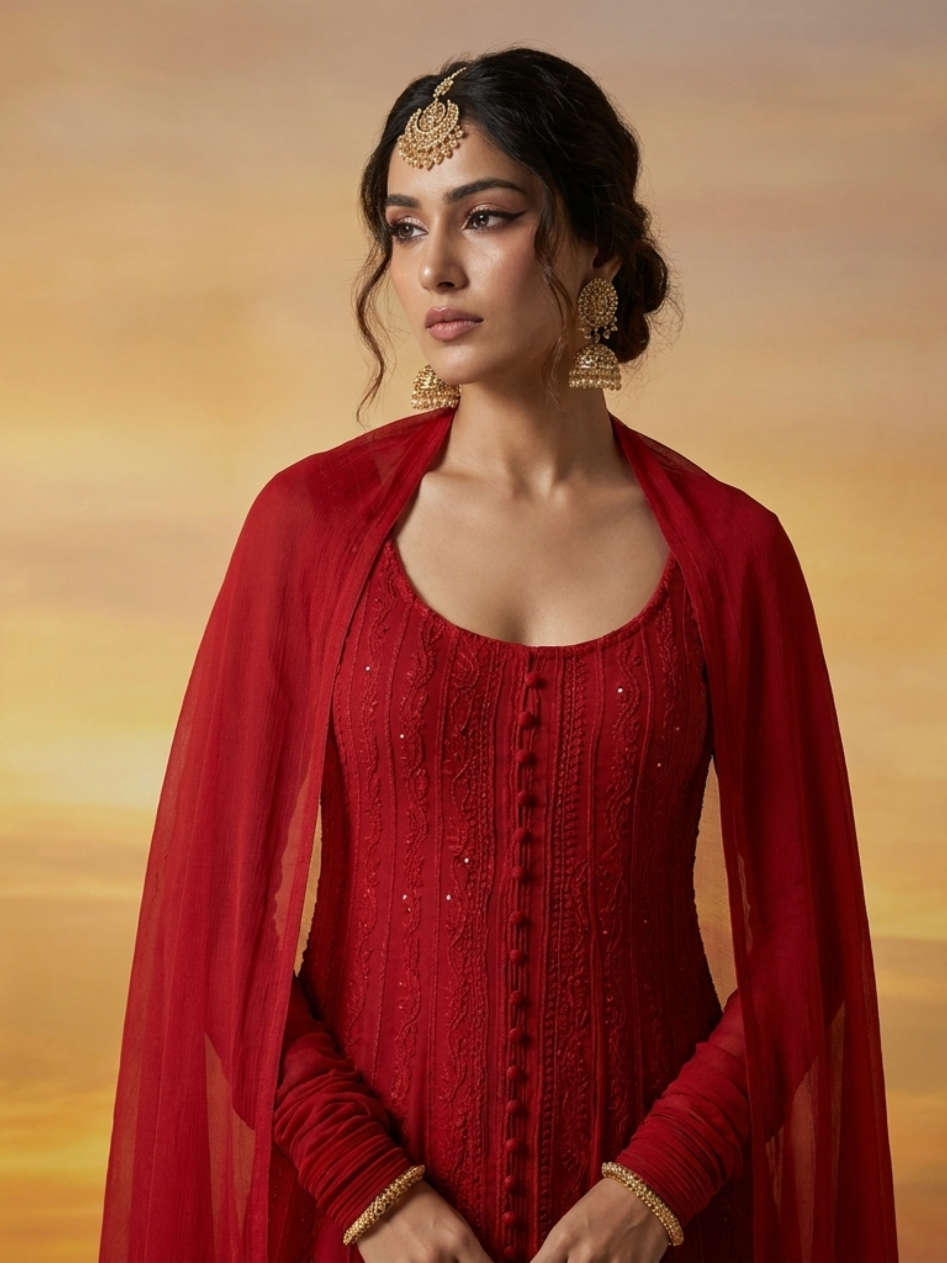 Crimson York Chikankari & Mukaish Anarkali Set (Set of 3)