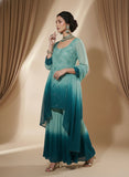 Turquoise & Teal Mukaish Gharara Short Kurta Set (Set of 3)