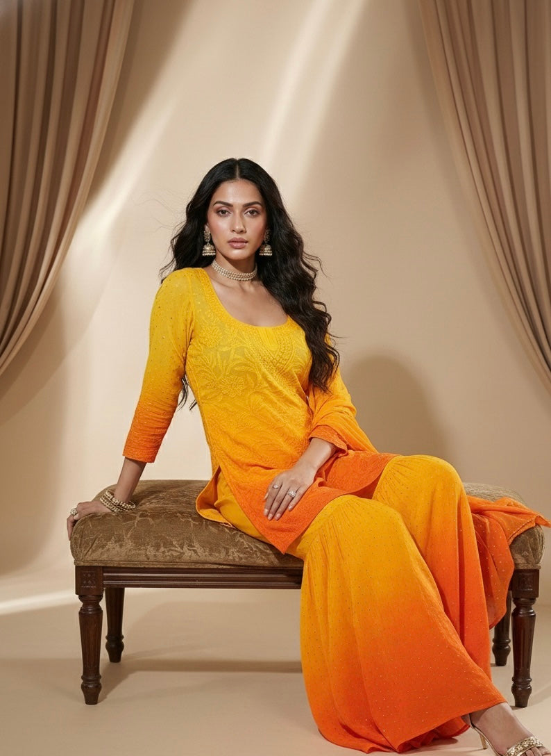 Tuscan Gold Mukaish Gharara Short Kurta Set (Set of 3)