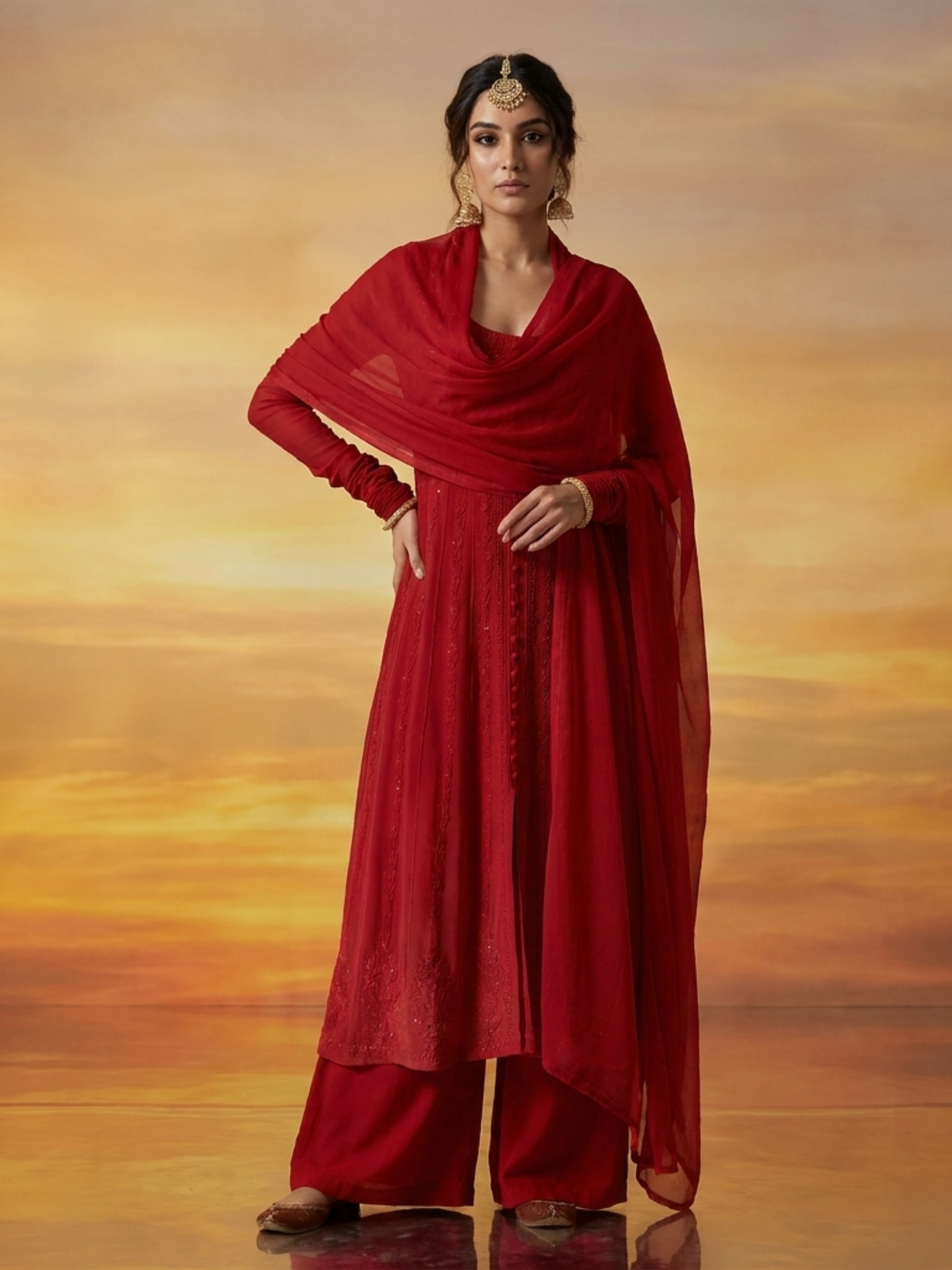 Crimson York Chikankari & Mukaish Anarkali Set (Set of 3)