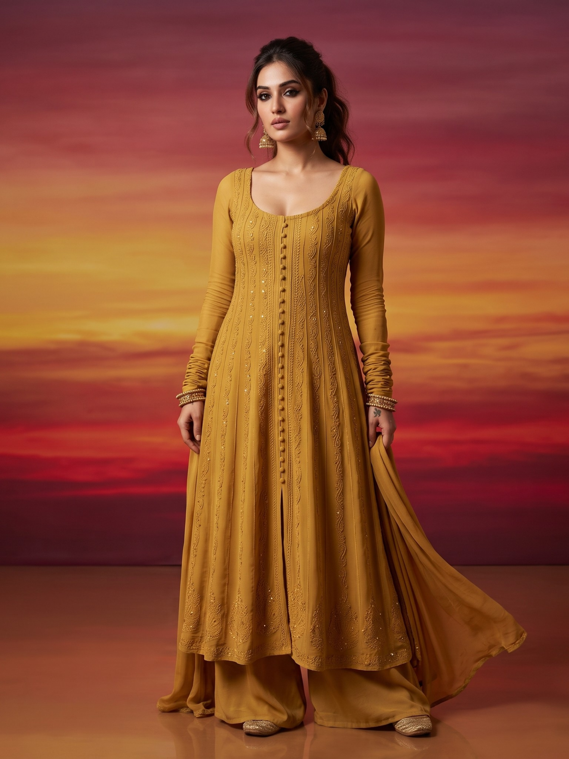 Saffron Siena Chikankari & Mukaish Anarkali Set (Set of 3)