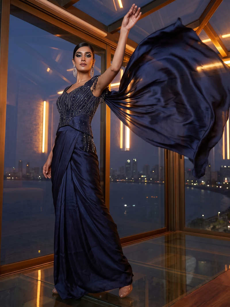 Midnight Sapphire Corset Drape Saree