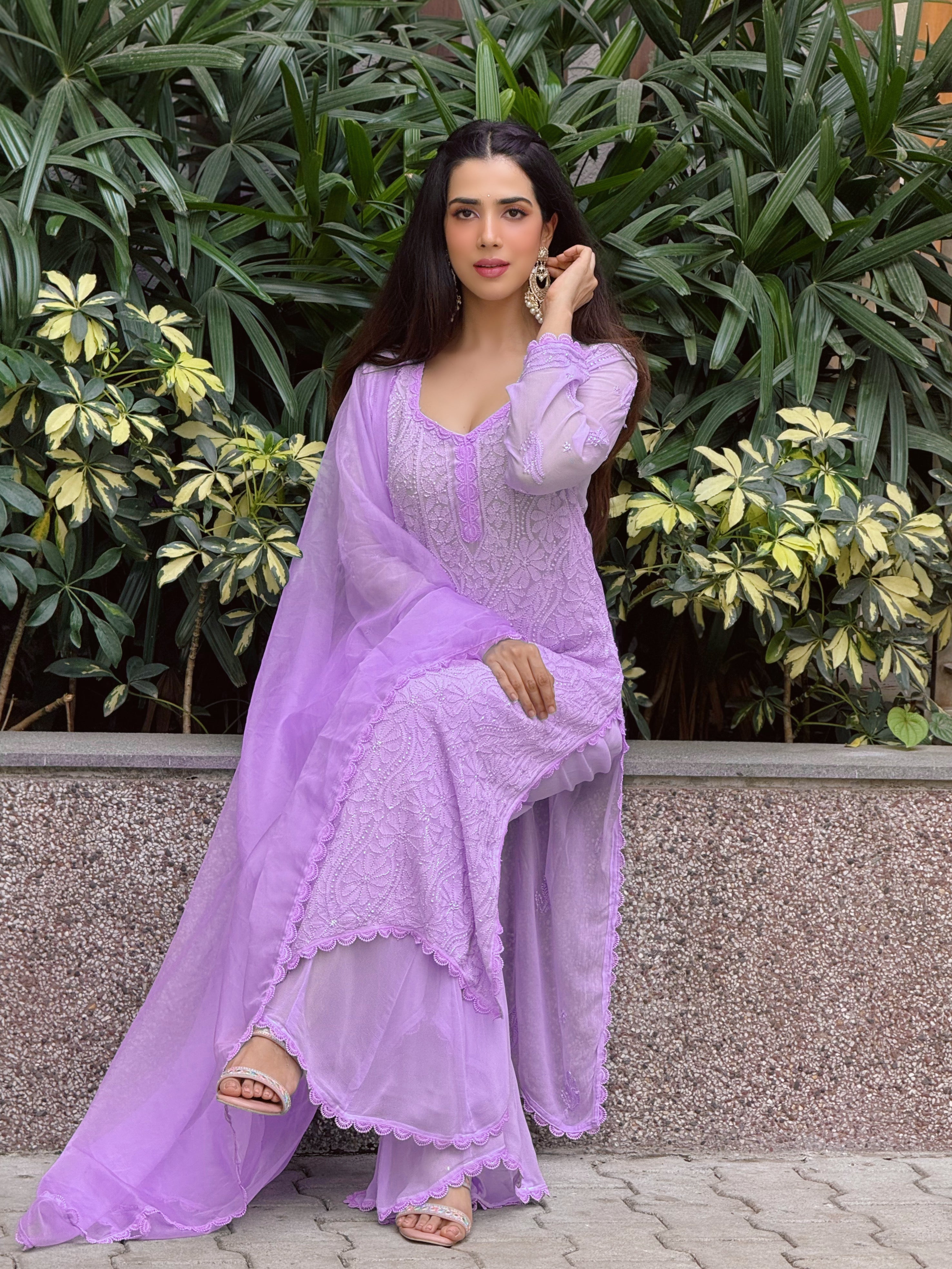 Velvet Twilight Chikankari & Lace Kurta Set (Set of 3)
