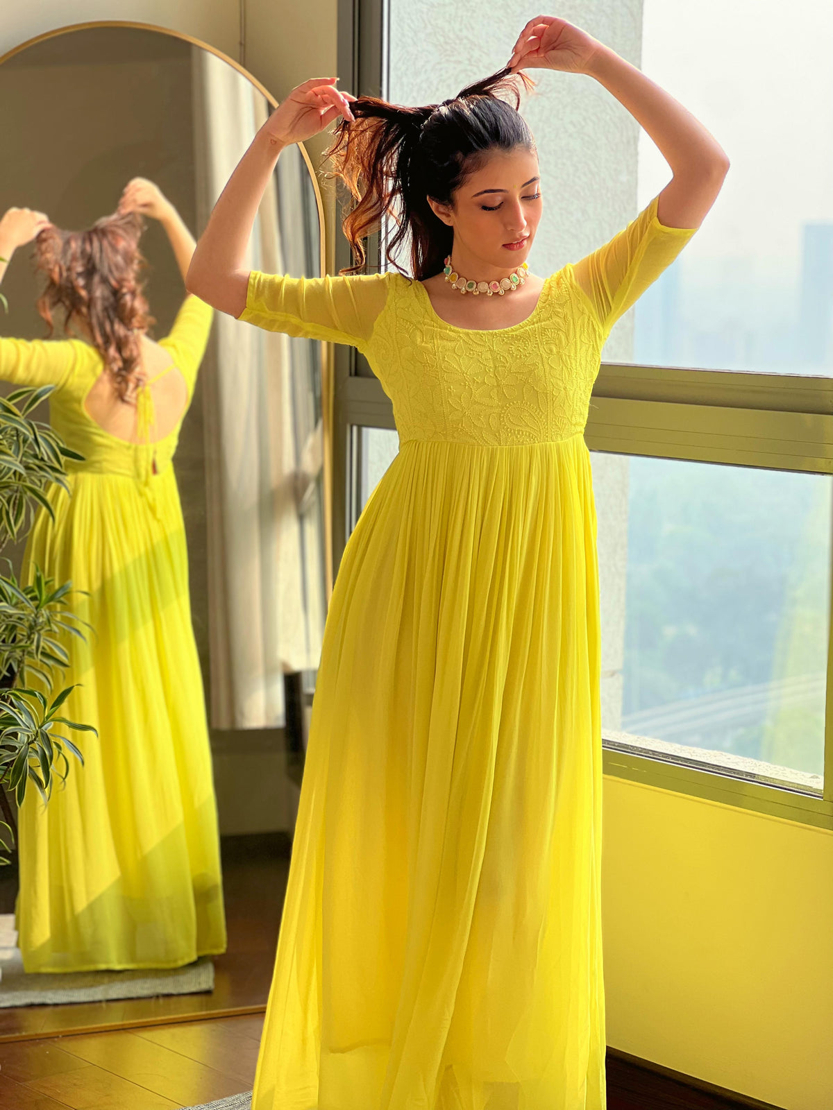 chikankari long dress Yellow Chikankari Embroidered Mulmul Gown: Women's Long Dress