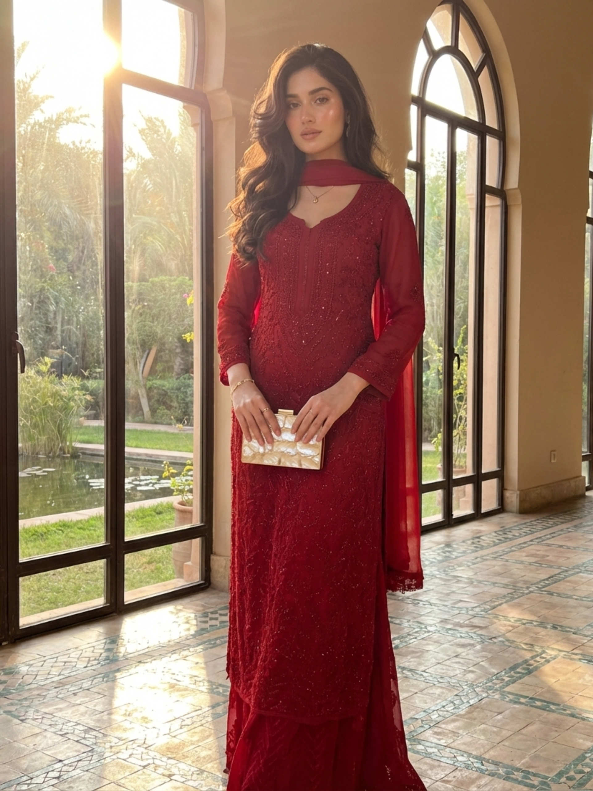 Forbidden Red Full Sleeves Chikankari Kurta Set (Set of 3)