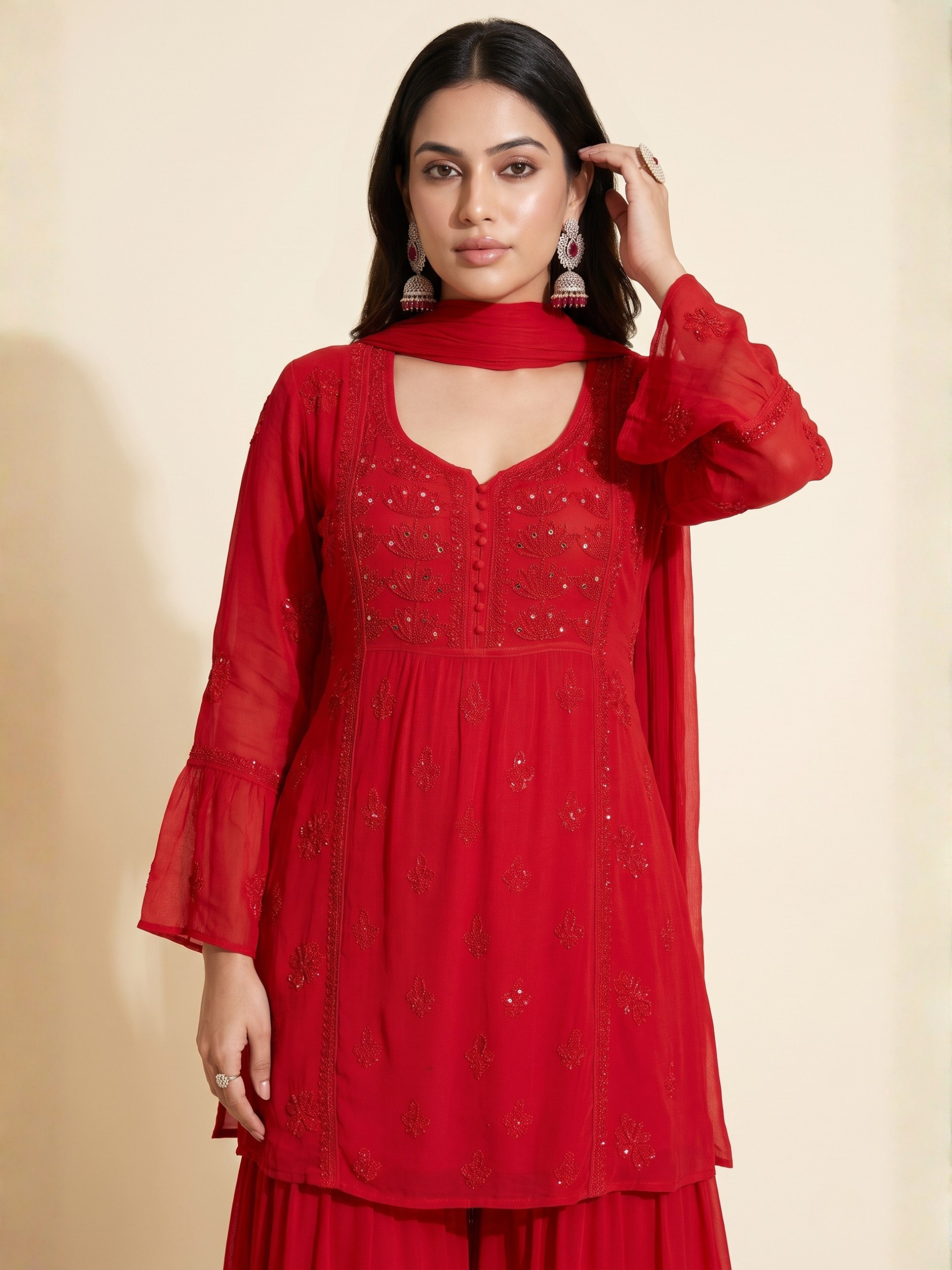 Carmine Chikankari Kurta - Gharara Set (Set of 3)