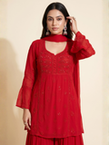Carmine Chikankari Kurta - Gharara Set (Set of 3)