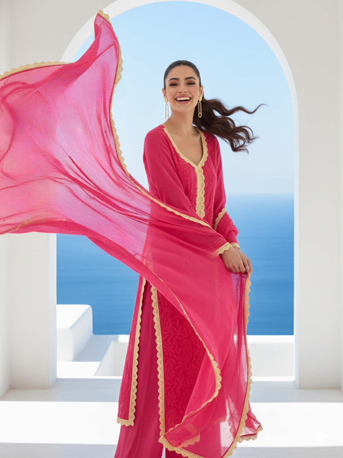 Raspberry Blanc Chikankari Kurta Set (Set of 3)