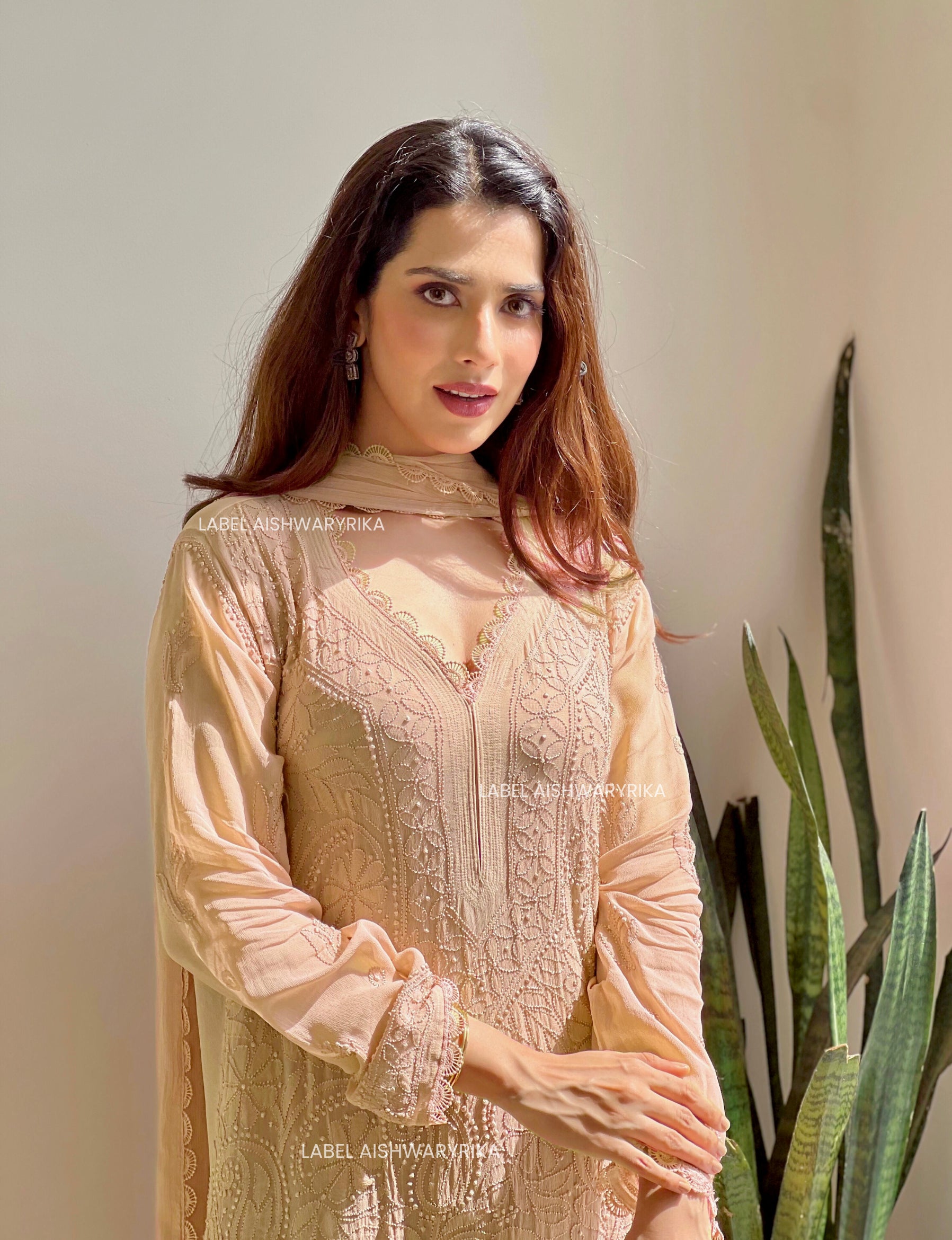 Elara Classic Beige Chikankari Kurta Set (Set of 3)