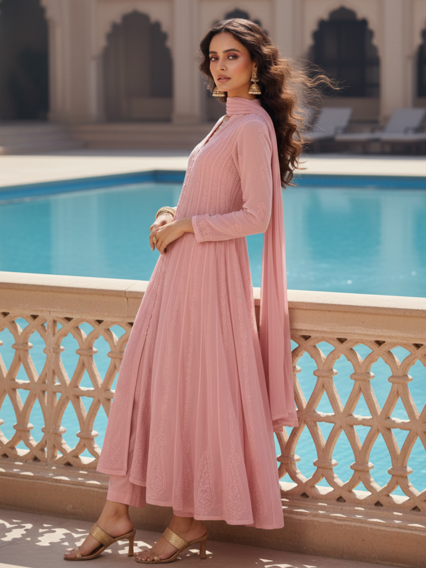 Daisy Pink Anarkali Chikankari Set (Set of 3)