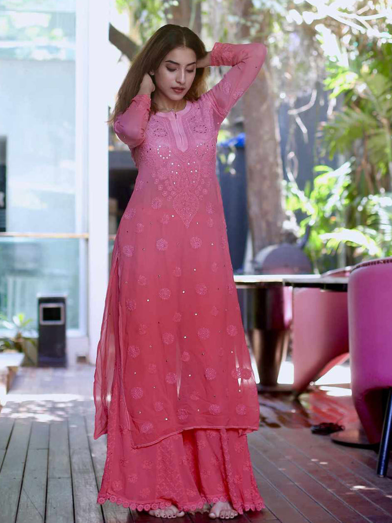 Conch Shell Pink Ombré Chikankari Kurta Set - Shop Label Aishwaryrika