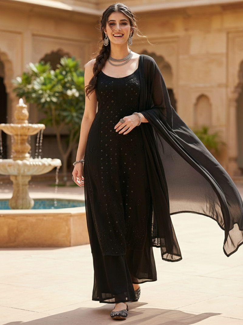 Black Ivy Chikankari & Mukaish Ringwork Kurta Set (Set of 3)