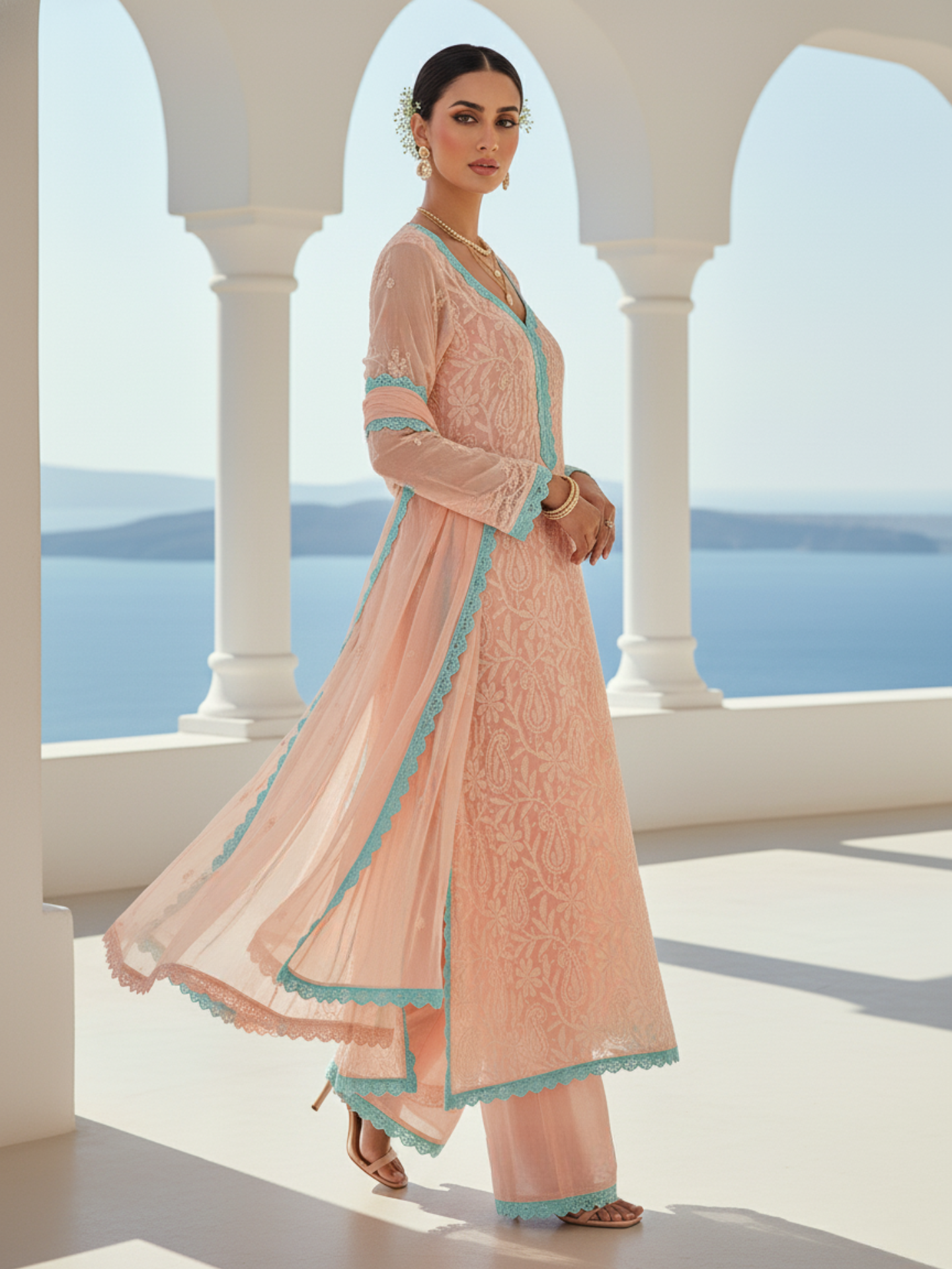 Camilla Coral Chikankari Kurta Set (Set of 3)