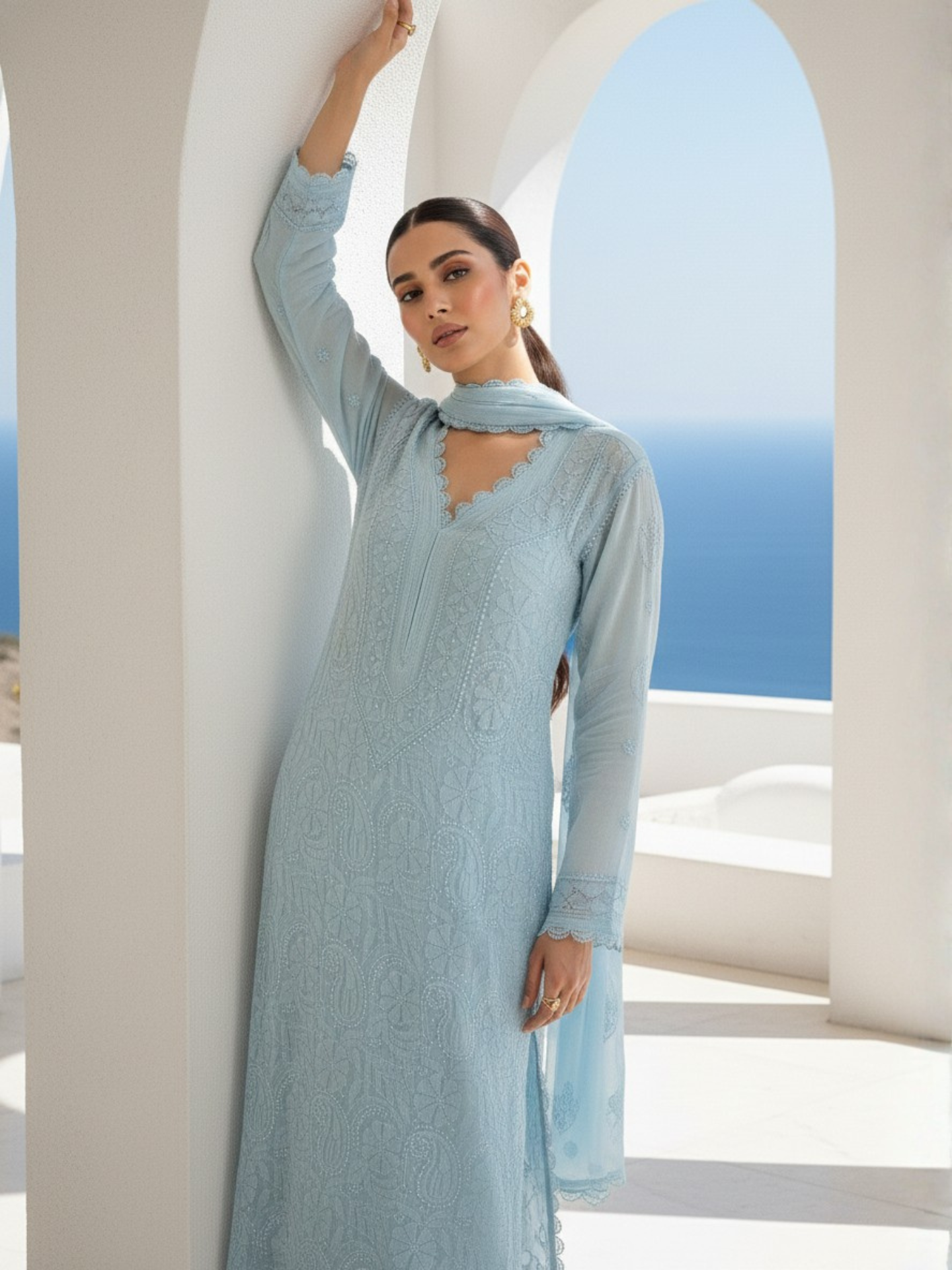 Moroccan Blue Chikankari Kurta Set (Set of 3)