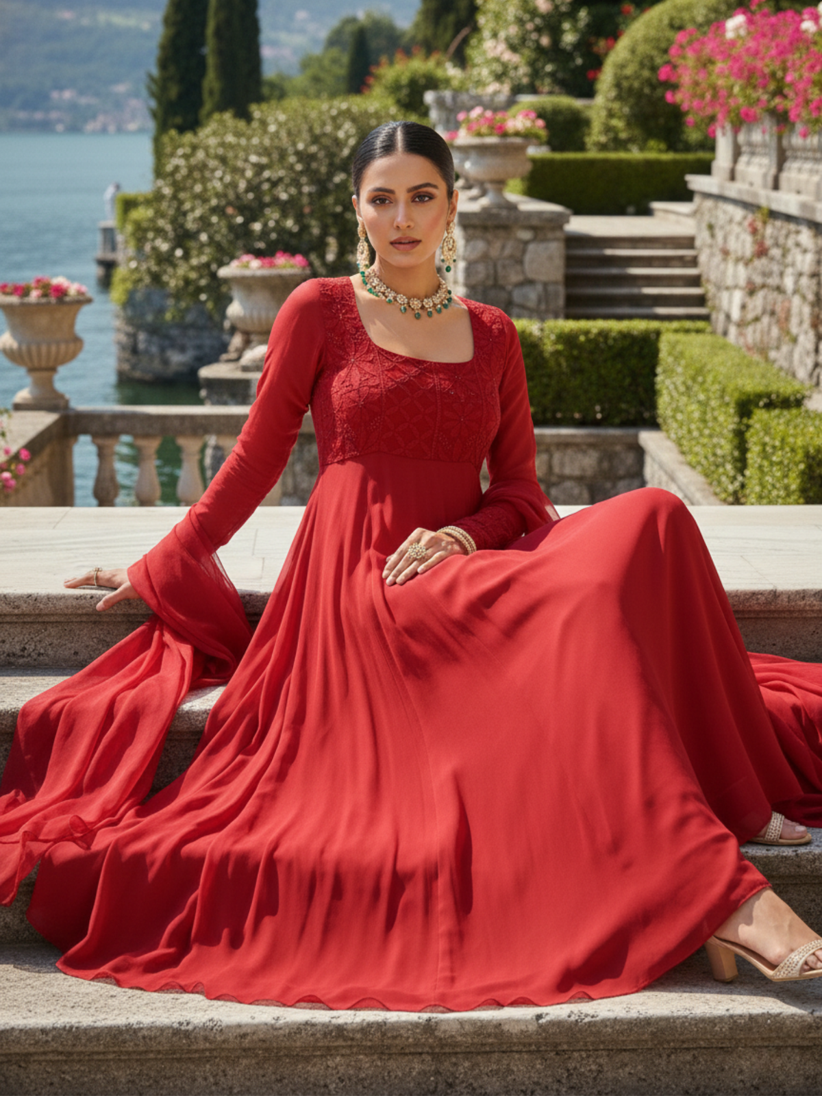 Bordeaux Red Chikankari Anarkali (Set of 3)