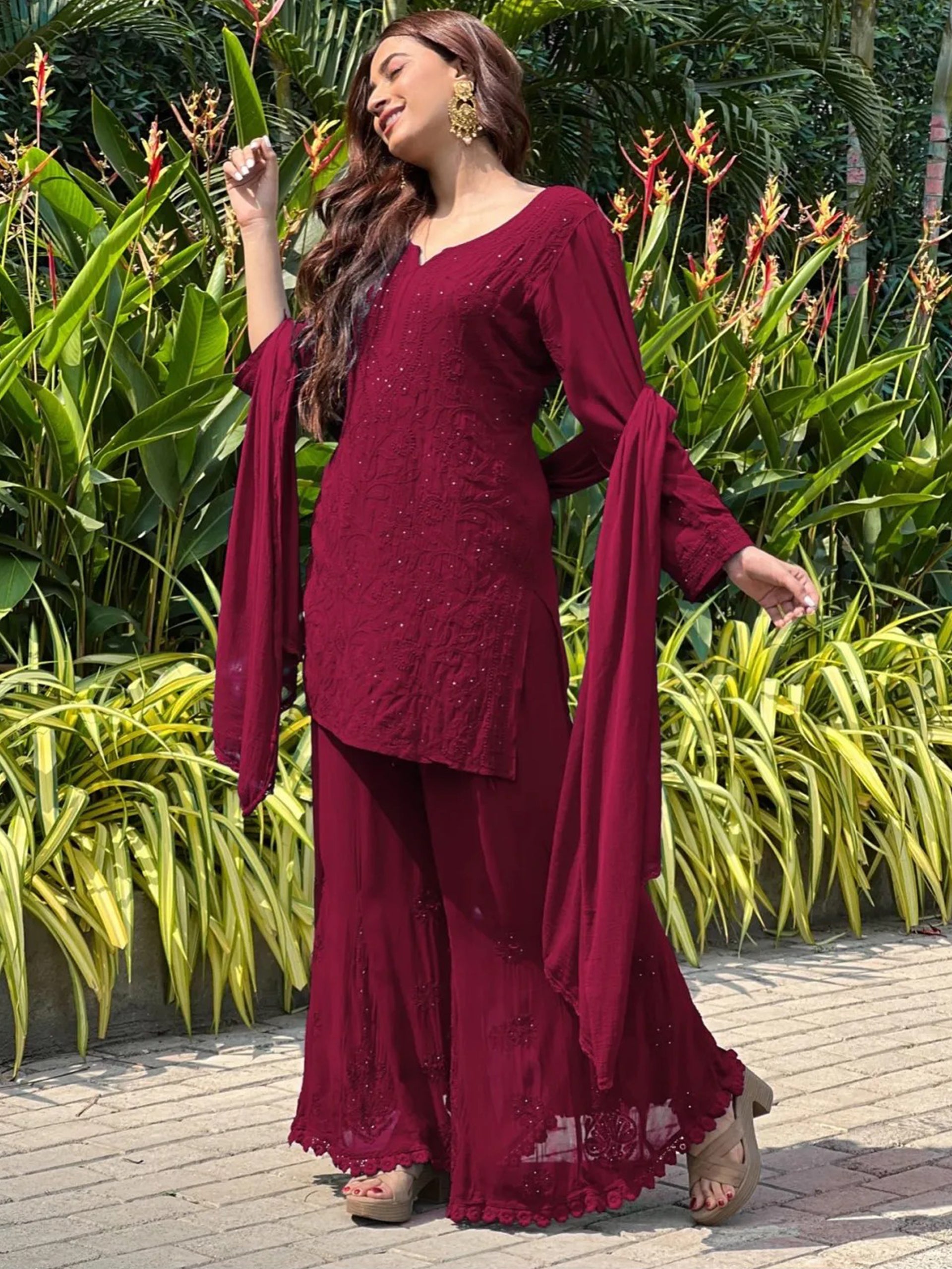 Red Berry Short Chikankari Kurta-Sharara Set