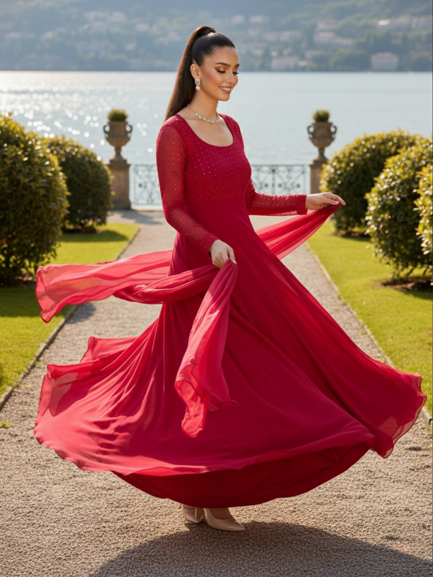 Noir Red Chikankari Anarkali Set (Set of 3)