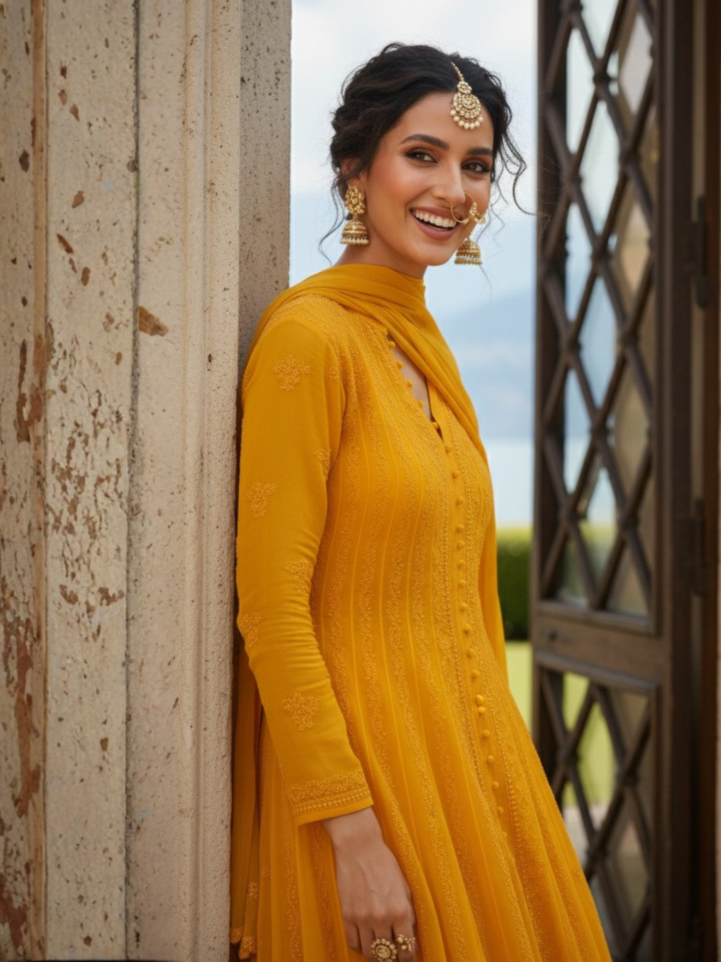 Tuscan Yellow Chikankari & Mukaish Anarkali Set (Set of 3)