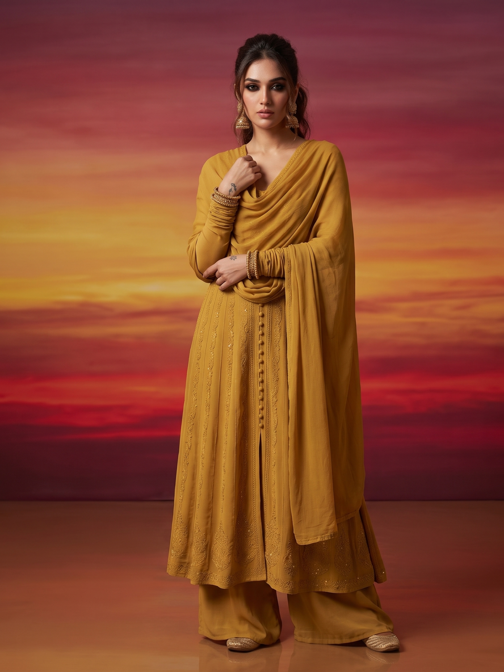 Saffron Siena Chikankari & Mukaish Anarkali Set (Set of 3)