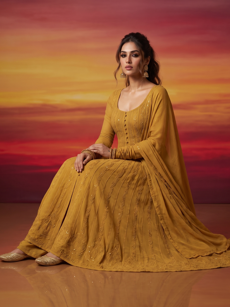Saffron Siena Chikankari & Mukaish Anarkali Set (Set of 3)