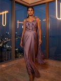 Royal Purple Satin Silk Long Drape Saree & Embellished Blouse
