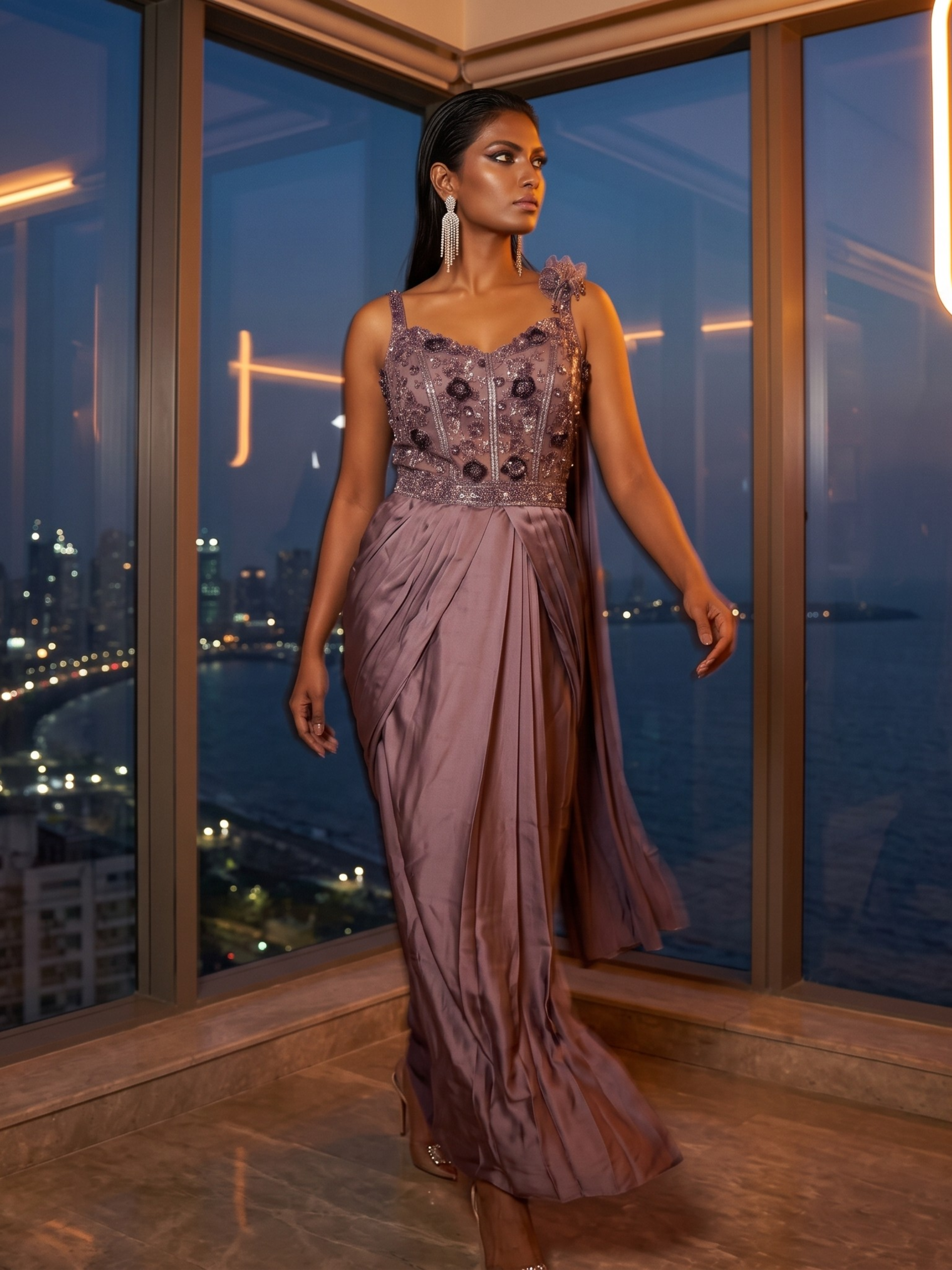 Royal Purple Satin Silk Long Drape Saree & Embellished Blouse